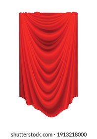 Covered object. Red silk fabric curtain cover. Revealer cloth realistic curtain for exhibition with a hidden object. Isolated object inside draped cloth on white background