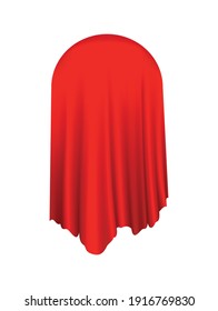 Covered object. Red silk fabric curtain cover. Revealer cloth realistic curtain for exhibition with a hidden object. Isolated object inside draped cloth on white background