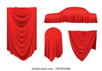 Covered objects. Red silk fabric curtain cover. Revealer cloth realistic curtains for exhibition with a hidden objects including car. Set of isolated objects inside draped cloth on white background