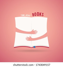 Covered opened book with hands hug. Vector illustration