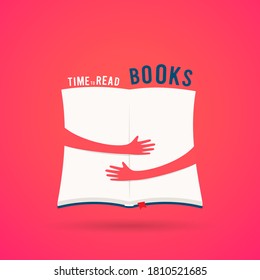 Covered opened book with hands hug. Vector illustration