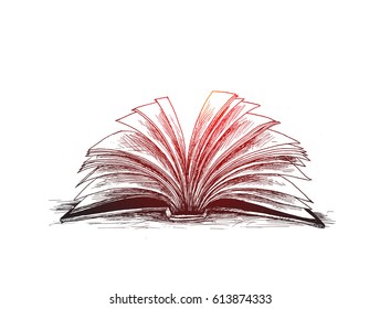 Covered Opened Book With Pages Fluttering, Hand Drawn Sketch Vector Illustration.