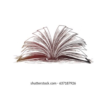 Covered Opened Book With Pages Fluttering, Hand Drawn Sketch Vector Illustration.