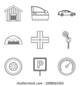 Covered parking icons set. Outline set of 9 covered parking vector icons for web isolated on white background