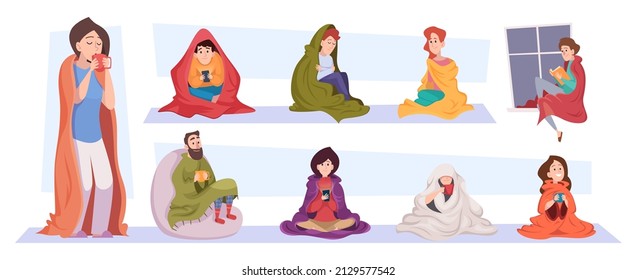 Covered people. Characters sitting relaxing or scaried under blanket sick people exact vector pictures set