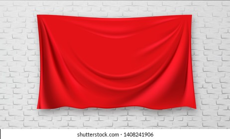 Covered Picture On Brick Wall Background Vector. Suspended Covered Painting Elements For Presentation Of Gallery Exhibition. Museum Minimal Interior Template Realistic 3d Illustration