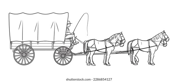 Covered settlers wagon with four horses - vector stock illustration. svg