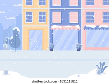 Covered with snow street flat color vector illustration. Snowfall before christmas. Holiday atmosphere. No people outside. Winter 2D cartoon cityscape with decorated stores on background