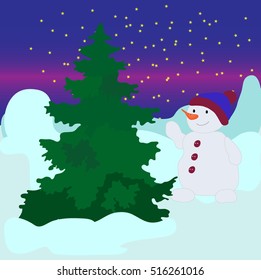 covered with snow tree in winter snow with a snowman
