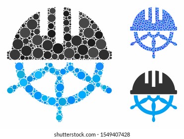 Covered steering wheel mosaic of filled circles in different sizes and color tints, based on covered steering wheel icon. Vector filled circles are organized into blue composition.