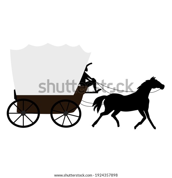 Covered wagon cart\
pulled by draft horse