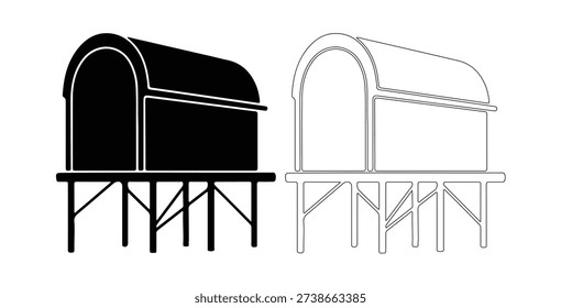 Covered Wagon or Elevated Storage Structure Icon, Black Silhouette and Outline Vector Illustration on Stilts, Isolated Graphic for Vintage Travel, Homestead, and UI Design.