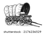 Covered wagon hand drawn sketch. Wild West concept. Vintage transport in style of old engraving. Vector illustration