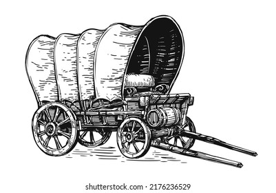 Covered wagon hand drawn sketch. Wild West concept. Vintage transport in style of old engraving. Vector illustration svg