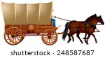 Covered Wagon, horse-drawn Western Wagon Train with the coach and two horses realistic vector illustration