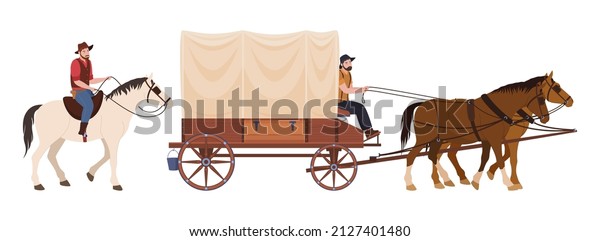 Covered wagon with horses and male riders vector flat illustration. Traditional Wild West passenger and freight transportation isolated. Historical rustic Western vehicle carriage for travel movement