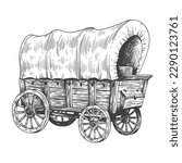 Covered wagon sketch. Old trip carriage, vintage horse vehicles drawing, wooden farming tent cart traditional western trravel cowboy pioneer vehicle vector illustration of carriage or wagon sketch