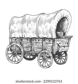 Covered wagon sketch. Old trip carriage, vintage horse vehicles drawing, wooden farming tent cart traditional western trravel cowboy pioneer vehicle vector illustration of carriage or wagon sketch svg