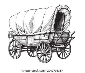 Covered wagon stagecoach retro sketch hand drawn engraving style Vector illustration svg