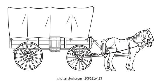 Covered wagon with two horses stock illustration. svg