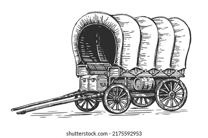 Covered Wagon. Vintage transport old carriage sketch. Wild West concept drawn in engraving style. Vector illustration svg