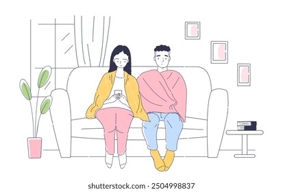 Pareja joven cubierta en casa. Hombre y mujer sentados en un sofá envueltos en una manta. Pareja que se mantiene caliente en Clima frío. Chicos y chicas infelices. Ilustración vectorial lineal aislada sobre fondo blanco