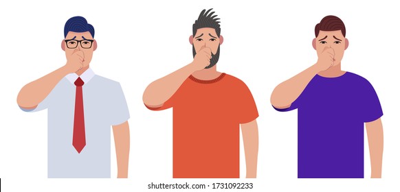 Covering breath with hand for bad smell. Men holding fingers on nose. Character set. Vector illustration in cartoon style.