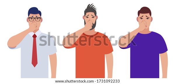 Covering breath with hand for bad smell. Men\
holding fingers on nose. Character set. Vector illustration in\
cartoon style.