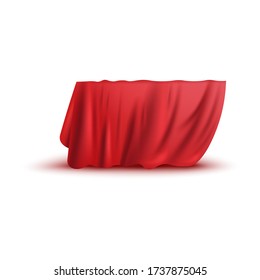 Covering drape, red curtain or cloth 3d photo realistic vector illustration isolated on white background. Fabric hiding some object, secret gift before presentation.