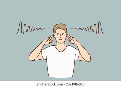 Covering ears and silence concept. Young sad irritated man cartoon character standing covering his ears with fingers with no sounds inside vector illustration 