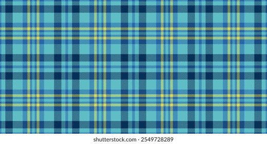 Covering fabric check pattern, close-up background seamless tartan. Table cloth textile plaid vector texture in cyan and blue colors palette.