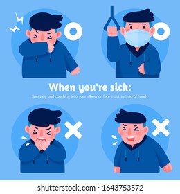 Covering mouth and nose when coughing and sneezing, flu or coronavirus prevention, COVID-19 illustration