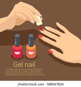 Covering Nail Gel Polish. Isometric Composition. Nail Aesthetics. Retro Hands. Manicure.