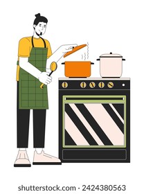 Cubrir la olla con la tapa mientras se cocina la ilustración plana de dibujos animados de línea. Cocina de preparación de alimentos. Personaje 2D lineart de hombre caucásico aislado en fondo blanco. Guardar imagen de color vectorial de escena de energía