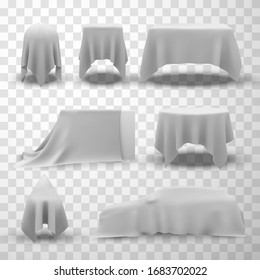 Covering silk fabric, decorative texture drape for presentation. Event curtain opening and surprise, secret. Vector draped cloth illustration