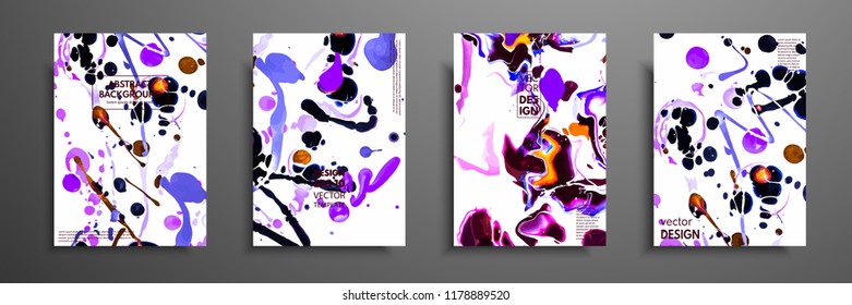 Covers with acrylic liquid textures. Colorful abstract composition. Modern artwork. Vector illustrations with mixed blue, purple and white color. Applicable for design placard, flyer, poster