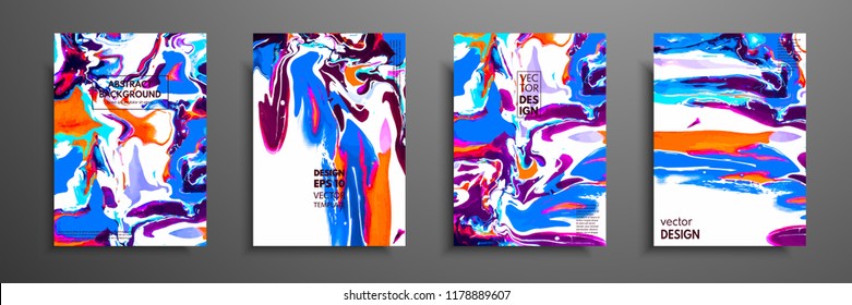 Covers with acrylic liquid textures. Colorful abstract composition. Modern artwork. Vector illustrations with mixed blue, purple, orange and white color. Applicable for design placard, flyer, poster