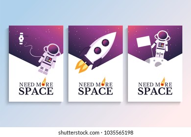 Covers with astronaut, spaceship and Moon. Double Exposure. Vector illustration.