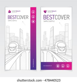 Covers booklet business architecture and transport, modern design, purple, magenta, pink and grey, icons and logo, vector sample design
