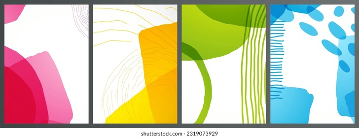 Cubiertas para folleto con fondo transparente abstracto brillante. Un conjunto de hojas A4 con manchas, diferentes formas y líneas. Ilustración vectorial para portada, banner, folleto, afiche, volante y otros.