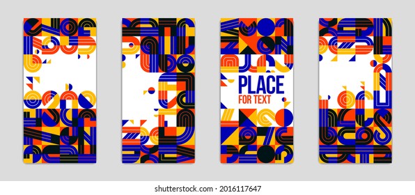 Covers and brochures for advertising geometric vector designs set, collection of trendy compositions with places for text.