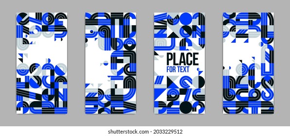 Covers and brochures for advertising geometric vector designs set, collection of blue trendy compositions with places for text.