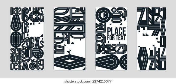 Covers and brochures for advertising geometric vector designs set, collection of trendy black and white compositions with places for text.