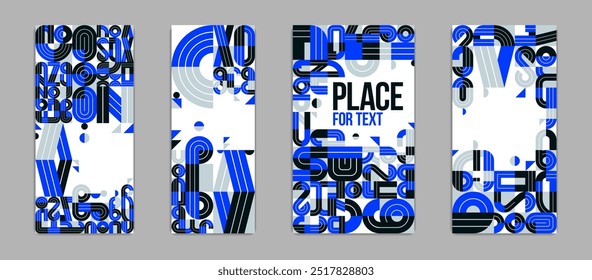 Covers and brochures for advertising geometric vector designs set, collection of blue trendy compositions with places for text.