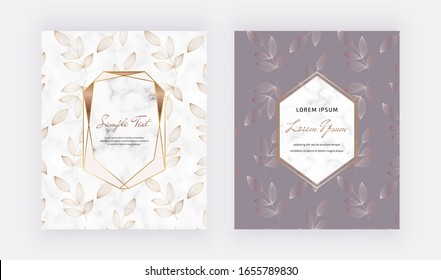 Covers cards design with gold geometric marble frames and line leaves. Template for banner, flyer, wedding invitation.