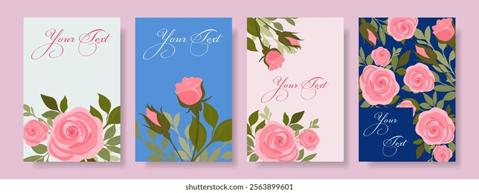 Covers or cards with roses. Set of backgrounds with roses flowers. Design for greeting card, cover, poster, store, wedding. Vector.