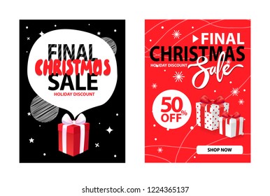 Covers design with info about Xmas and New Year discounts. Christmas sale for a limited time vector brochures with gift boxes, snowflakes and gifts