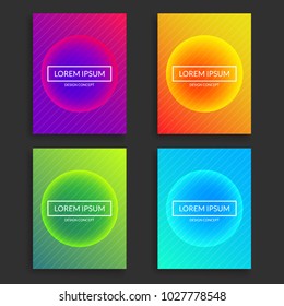 Covers design. Minimalistic templates with line pattern, glowing circle shapes and gradients. Orange, yellow, purple, green, blue colors. Trendy simple colorful graphic elements. Vector illustration
