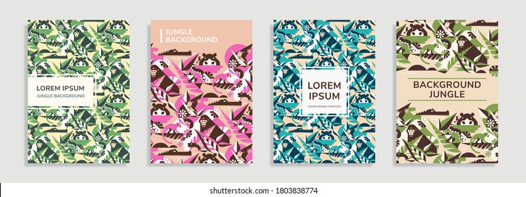 Covers with flat geometric animal jungle pattern. Colorful backgrounds. Applicable for Banners, Placards, Posters, Flyers, Books, booklet. Vector template.