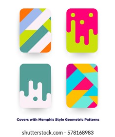 Covers with flat geometric pattern. Cool colorful backgrounds. Applicable for Banners, Playcards, Posters, Flayers, Phone covers. Memphis styled background. Eps10 vector template.